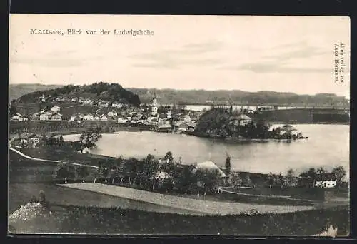 AK Mattsee, Blick von der Ludwigshöhe auf Gebäude und Gewässer