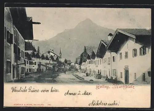 AK Golling /Salzach, Marktplatz mit Bergpanorama