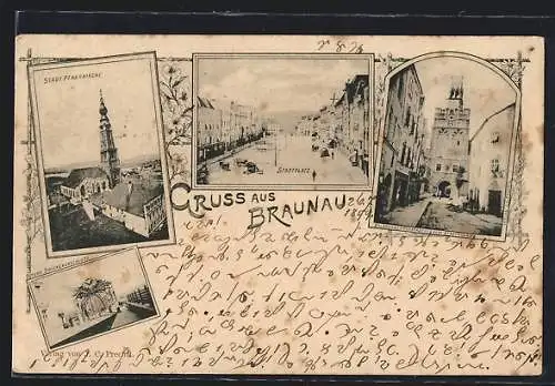 AK Braunau, Österr. Brückenabschluss, Stadtpfarrkirche, Stadtplatz, Salzburger Vorstadt mit dem Stadtthurm