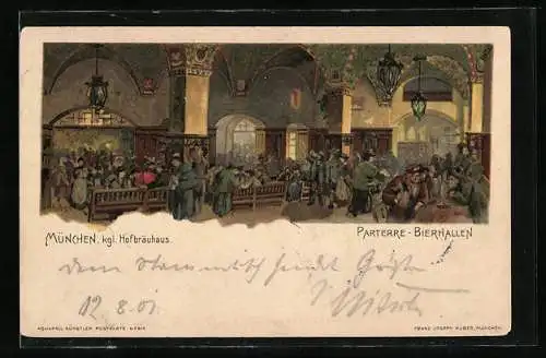 Lithographie München, Münchner Hofbräuhaus, Parterre Bierhallen, Innenansicht
