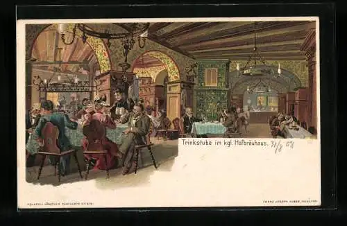 Künstler-AK München, Restaurant Königliches Hofbräuhaus, Einblick in die Trinkstube
