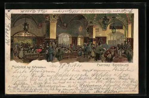 Lithographie München, Münchner Hofbräuhaus, Parterre Bierhallen, Innenansicht