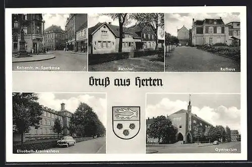 AK Herten / Westf., Kaiserstrasse mit Sparkasse, Bahnhof, Rathaus, Gymnasium, Elisabeth-Krankenhaus