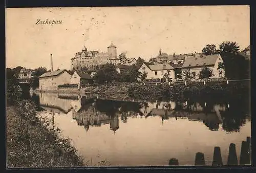 AK Zschopau, Uferpartie mit Schloss