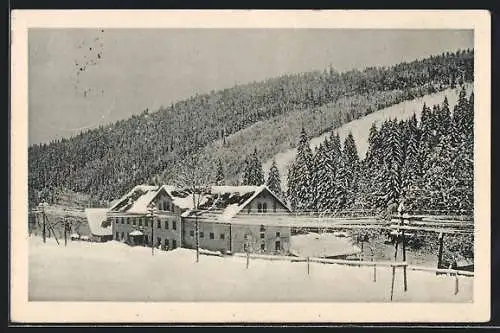 AK Oberpöbel, Gasthof Brauerei im Winter