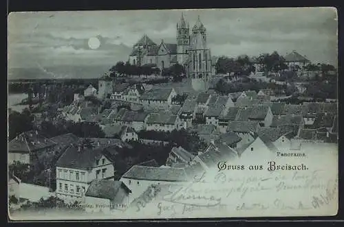 Mondschein-AK Breisach, Panorama mit Kirche