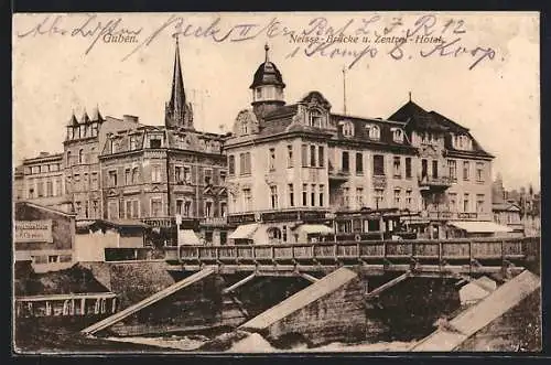 AK Guben, Neisse-Brücke und Zentral-Hotel