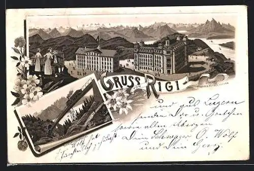 Vorläufer-Lithographie Rigi, 1895, Blick auf das Hotel, Schnurtobelbrücke
