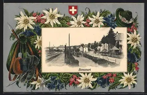 AK Boncourt, Ortspartie am Wasser, Bergsteigerausrüstung und Edelweiss als Passepartout
