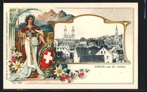 AK St. Gallen, Ortsansicht mit Kirche, Helvetia mit Schild und Speer