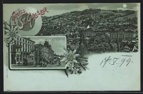 Mondschein-Lithographie St. Gallen, Walhalla mit elektr. Strassenbahn, Post, Ortsansicht