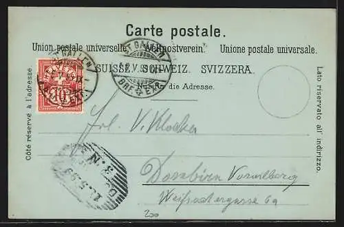 Mondschein-Lithographie St. Gallen, Walhalla mit elektr. Strassenbahn, Post, Ortsansicht