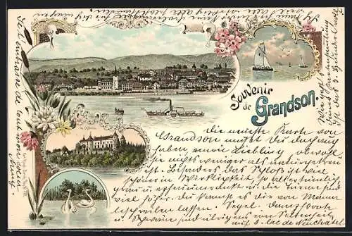 Lithographie Grandson, Ortsansicht mit Dampfer, Le Château, Segelschiffe