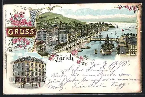 Lithographie Zürich, Totalansicht, Tonhalle am Alpenquai