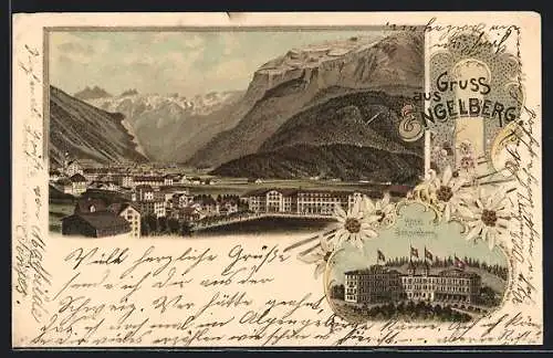 Lithographie Engelberg, Hotel Sonnenberg, Ortsansicht aus der Vogelschau