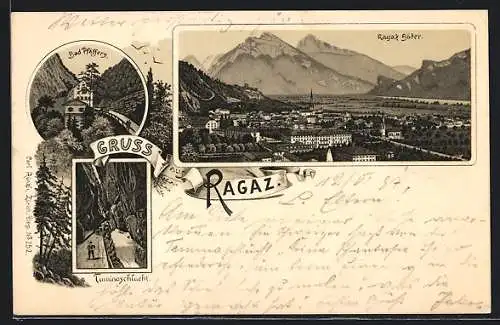 Lithographie Ragaz, Taminaschlucht, Bad Pfäffers, Ortsansicht