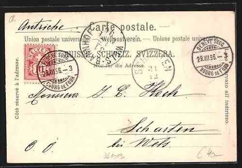 Lithographie Geneve, St. Pierre, Ortsansicht im Winter