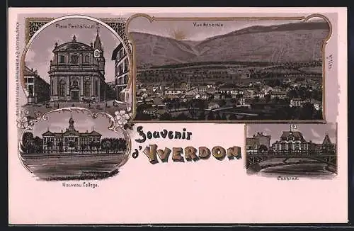 Lithographie Yverdon, Place Pastalozzi, Caserne, Nouveau College
