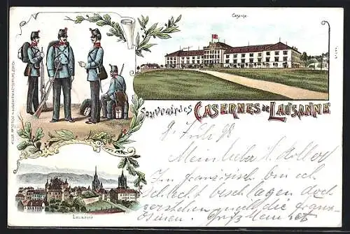Lithographie Lausanne, Caserne, Soldaten in UNiform mit Gewehren