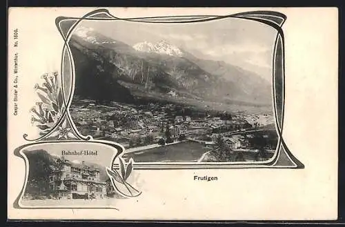 AK Frutigen, Bahnhof-Hotel, Ortsansicht gegen die Berge