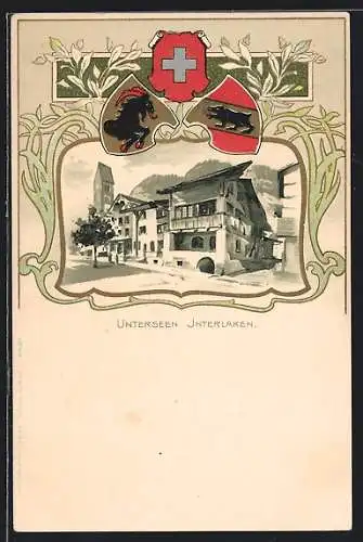 Lithographie Unterseen /Interlaken, Wohnhäuser und Kirche, Stadtwappen