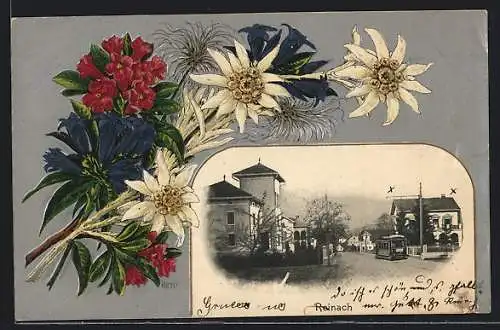 AK Reinach, Strassenpartie mit Strassenbahn, Passepartout mit Edelweiss