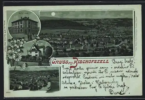 Mondschein-Lithographie Bischofszell, Pension Tobel, Schulhaus, Sitterthal, Ortsansicht