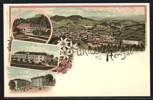 Lithographie Herisau, Heinrichsbad, Krankenhaus, Poststrasse, Ortsansicht
