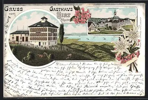 Lithographie Speicher, Gasthaus Birt, Ortsansicht