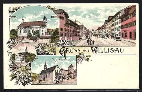 Lithographie Willisau, Kirche, Realschule, Hauptstrasse