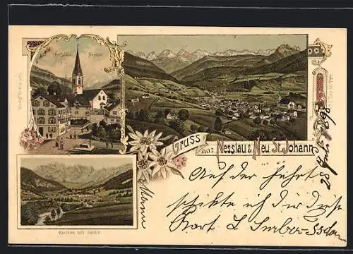 Lithographie Nesslau, Dorfplatz, Ortsansicht aus der Vogelschau