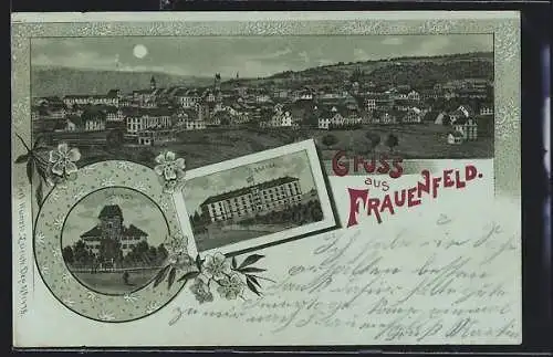 Mondschein-Lithographie Frauenfeld, Schloss, Kaserne, Ortsansicht