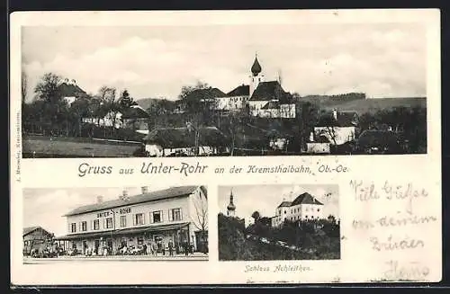 AK Rohr im Kremstal, Bahnhof Unter-Rohr an der Kremstalbahn, Schloss Achleithen, Ortsansicht mit Kirche