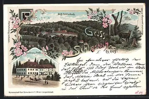 Lithographie Schlierbach, Stift in Schlierbach und Gasthaus zu Dorff