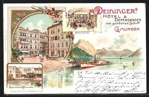 Lithographie Gmunden, A. Deiningers Hotel & Dependancen zum goldenen Schiff