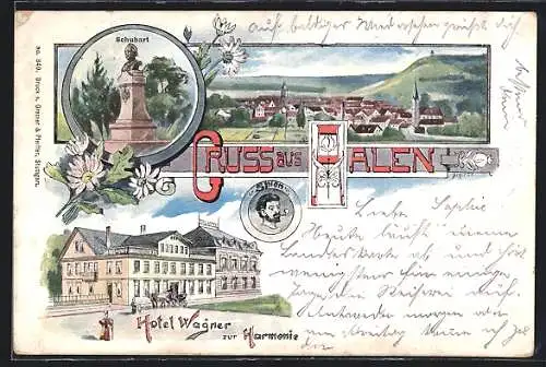 Lithographie Aalen, Hotel Wagner zur Harmonie, Schubart-Denkmal, Panorama