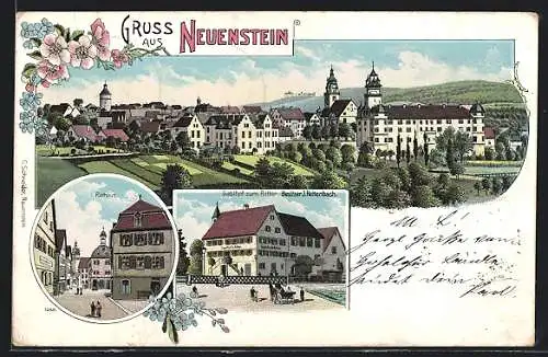 Lithographie Neuenstein / Württ., Gasthaus zum Ritter v. J. Hettenbach, Rathaus, Ortsansicht