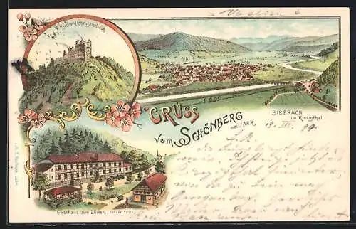 Lithographie Biberach / Kinzigtal, Ruine Hohengeroldseck, Gasthaus zum Löwen