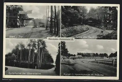 AK Hockenheim i. B., Rennbahn vom Autorennen, Kurve mit Tribüne, Start u. Ziel