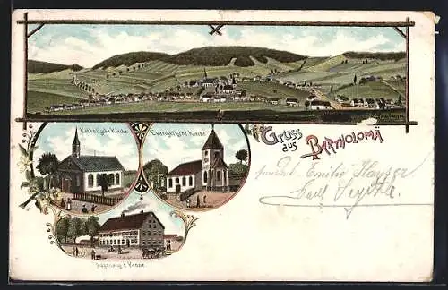 Lithographie Bartholomä, Gasthaus z. Krone, Katholische u. Evangelische Kirche