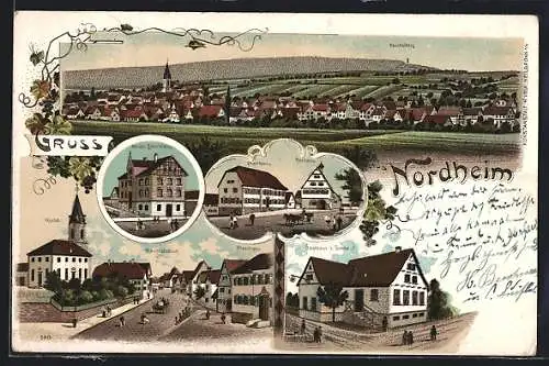 Lithographie Nordheim / Neckar, Gasthaus z. Sonne, Hauptstrasse mit Pfarrhaus u. Kirche, Neues Schulhaus