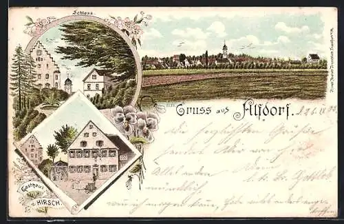 Lithographie Alfdorf, Gasthaus z. Hirsch, Schloss, Ortsansicht mit Kirche