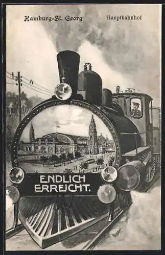 Grusskarten-AK Hamburg-St. Georg, Ansicht des Hauptbahnhofs auf einer Lokomotive