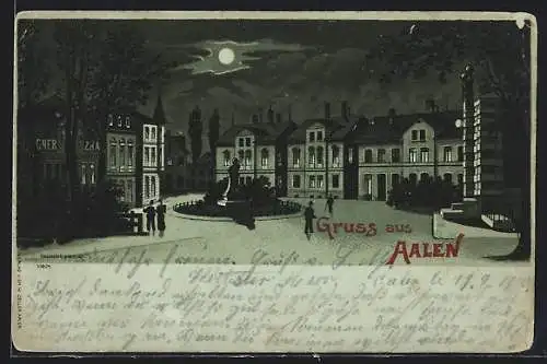 Mondschein-Lithographie Aalen, Stadtplatz mit Denkmal bei Vollmond