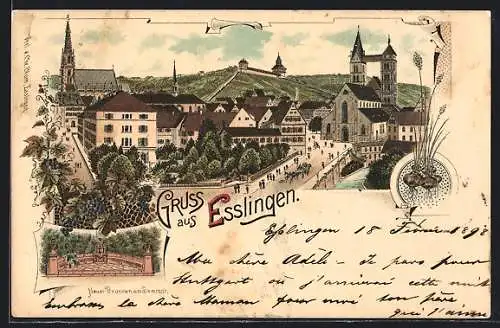 Lithographie Esslingen / Neckar, Ortsansicht mit Kirche, Neuer Brunnen am Seminar