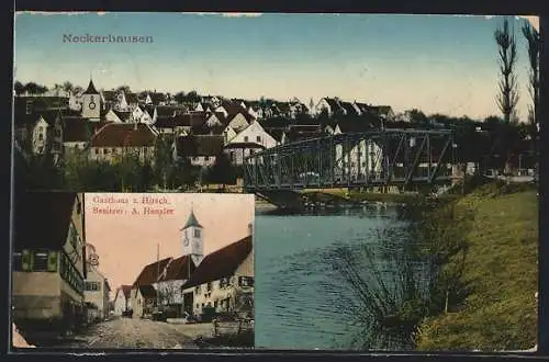 AK Neckarhausen / Nürtingen, Gasthaus z. Hirsch von A. Henzler, Ortsansicht mit Brücke