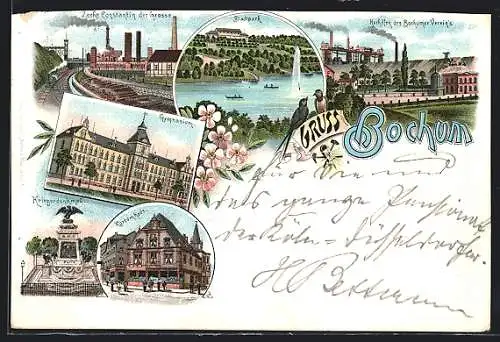 Lithographie Bochum, Zeche Constantin der Grosse, Hochöfen des Bochumer Vereins, Gymnasium