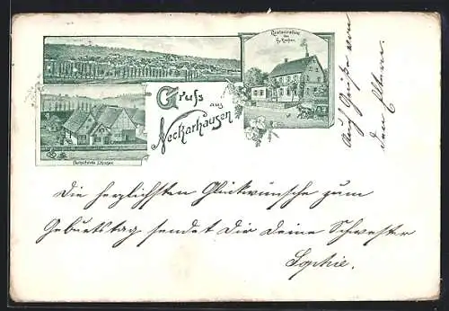 Lithographie Neckarhausen / Nürtingen, Restaurant von G. Kocher, Posthilfstelle J. Henzler, Ortsansicht