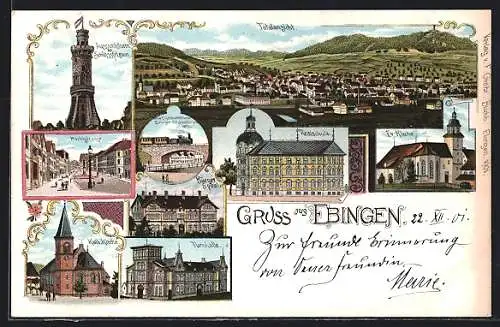 Lithographie Ebingen, Marktstrasse, Turnhalle, Realschule, Totalansicht