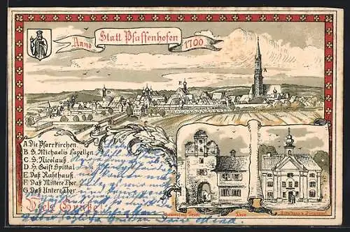 Lithographie Pfaffenhofen / Ilm, Ortsansicht anno 1700, Unteres Thor, Schulhaus und Bürgersaal
